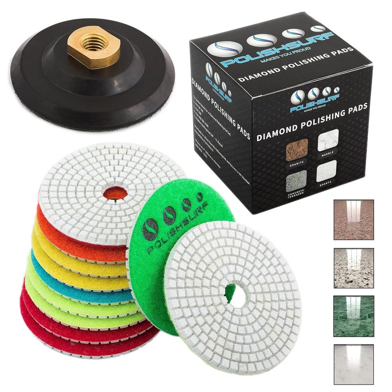 POLISHSURF Diamond Polishing Pads 4 inch Wet/Dry Set of 11+1 Backer Pad for Granite Concrete Marble Polishing Plus eBook - Polishing Process Best Practices by - Image 1